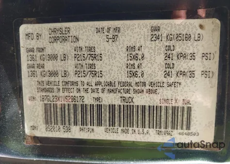1997 Dodge Dakota Slt/Sport z USA, uszkodzony, nr VIN 1B7GL23X1VS286172